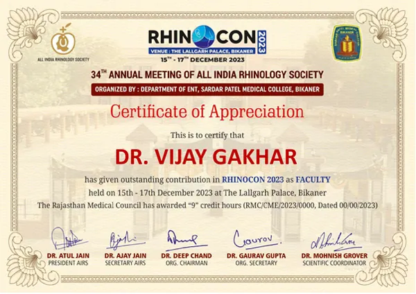 Dr. Vijay Gakhar Certificate for Best Microtia Surgeon